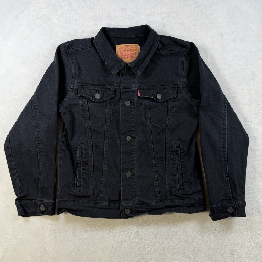 Levis Boys Black Denim Trucker Jacket Stretch Cotton Size M 10-12